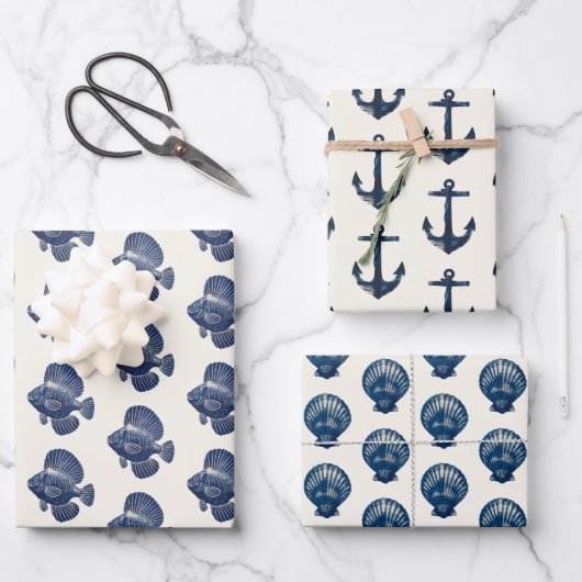 Nautical Blue Seaside Anchor Muschel Fish Geschenkpapier Set (Vorderseite)