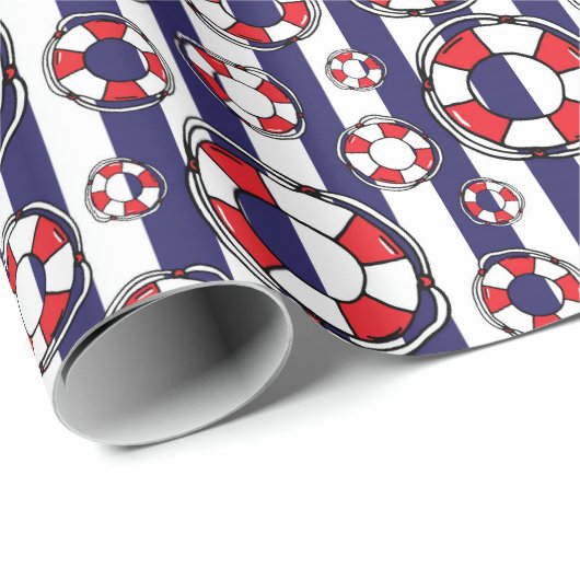 Nautical Blue Stripe Lifebouy Seaside Pattern Geschenkpapier (Rolleneckpunkt)