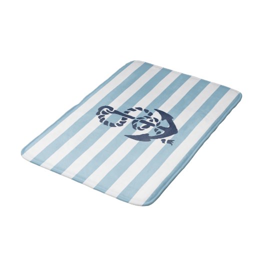 Nautical Blue Stripe Navy Anchor Badematte (Schrägansicht)
