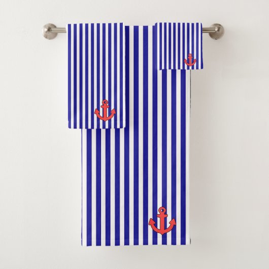 Nautical Blue Stripe Red Anchor Badhandtuch Set (Insitu)
