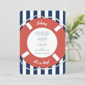Nautical Blue Striped Ahoy Es ist ein Junge! Babyp Einladung (Stehend Vorderseite)