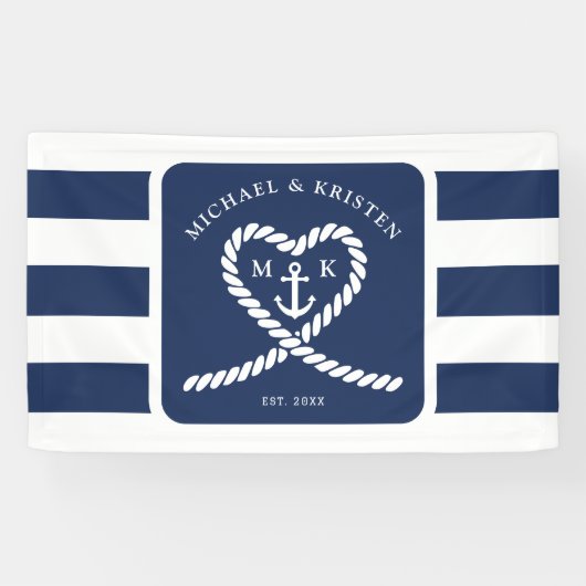 Nautical Blue Striped Heart Anchor Wedding Banner (Horizontal)