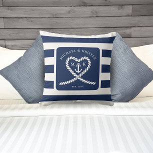Nautical Blue Striped Heart Anchor Wedding Kissen