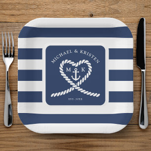Nautical Blue Striped Heart Anchor Wedding Pappteller