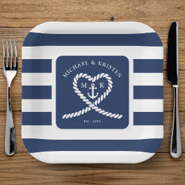 Nautical Blue Striped Heart Anchor Wedding Pappteller
