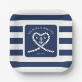 Nautical Blue Striped Heart Anchor Wedding Pappteller (Vorderseite)