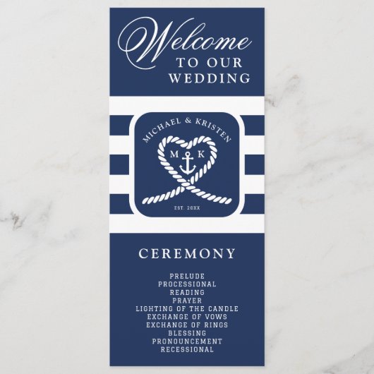 Nautical Blue Striped Heart Anchor Wedding Programm (Vorderseite)