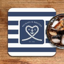 Nautical Blue Striped Heart Anchor Wedding Rechteckiger Pappuntersetzer
