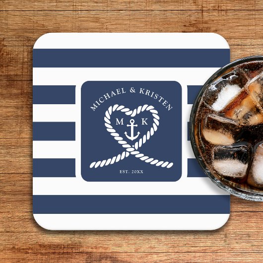 Nautical Blue Striped Heart Anchor Wedding Rechteckiger Pappuntersetzer