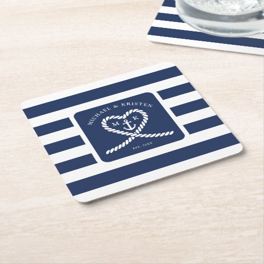Nautical Blue Striped Heart Anchor Wedding Rechteckiger Pappuntersetzer (angewinkelt)