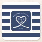 Nautical Blue Striped Heart Anchor Wedding Rechteckiger Pappuntersetzer (Vorderseite)