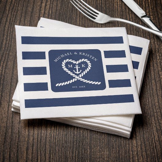 Nautical Blue Striped Heart Anchor Wedding Serviette