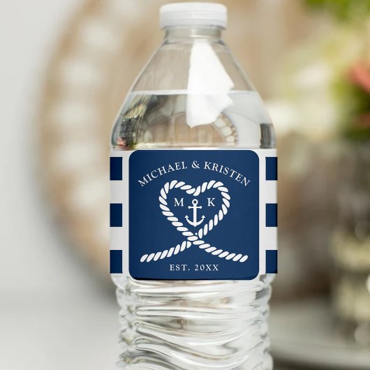 Nautical Blue Striped Heart Anchor Wedding Wasserflaschenetikett