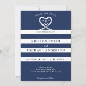 Nautical Blue Striped Rope Heart Anchor Wedding Einladung (Vorderseite)