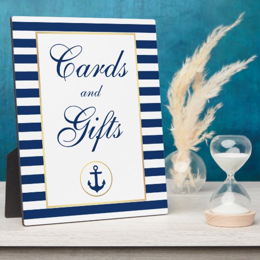 Nautical Blue Stripes Gold Wedding Cards Geschenke Fotoplatte (Seite)