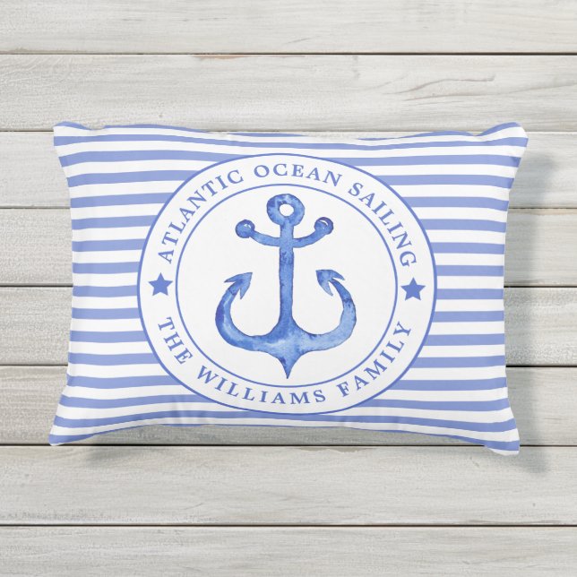 Nautical Blue Stripes Personalisierter Außenpilz Kissen Für Draußen (Rückseite)
