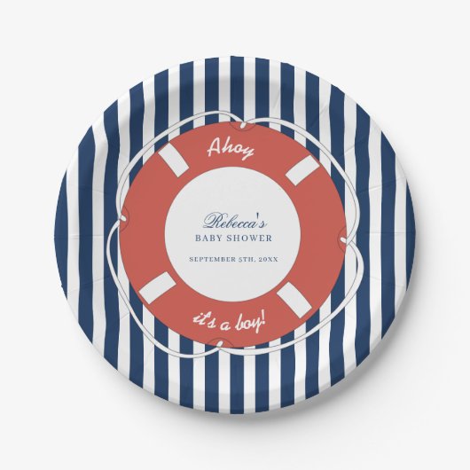 Nautical Blue Striping Baby Shower Boy Pappteller (Vorderseite)