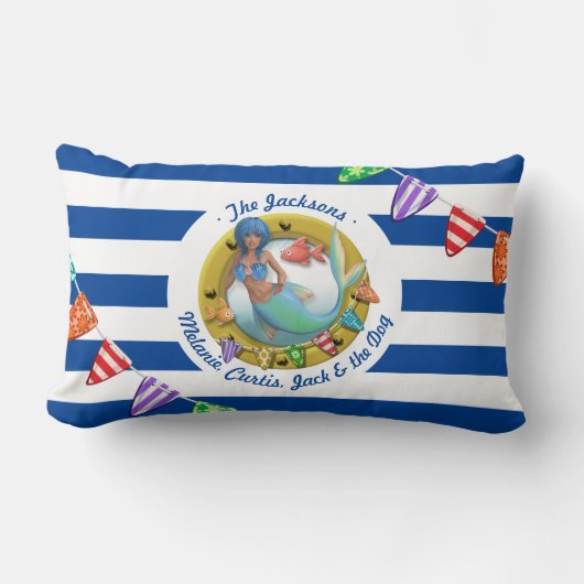 Nautical Blue Stripte Mermaid Family Holiday Beach Lendenkissen (Vorderseite)
