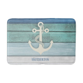 Nautical Blue Turquoise Distressed Wood Anchor Badematte