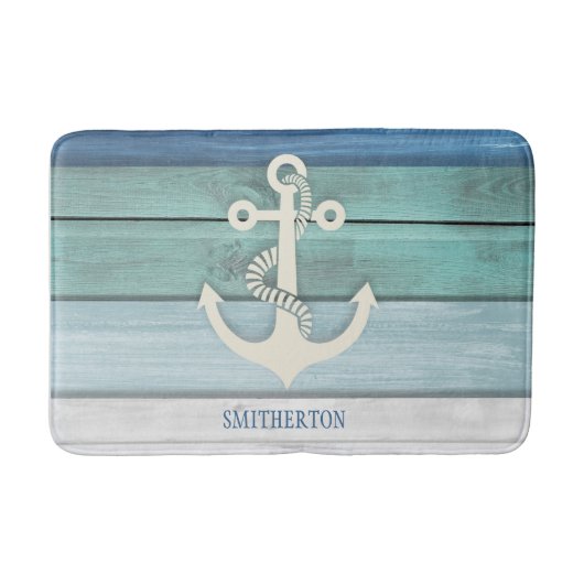 Nautical Blue Turquoise Distressed Wood Anchor Badematte (Vorderseite)