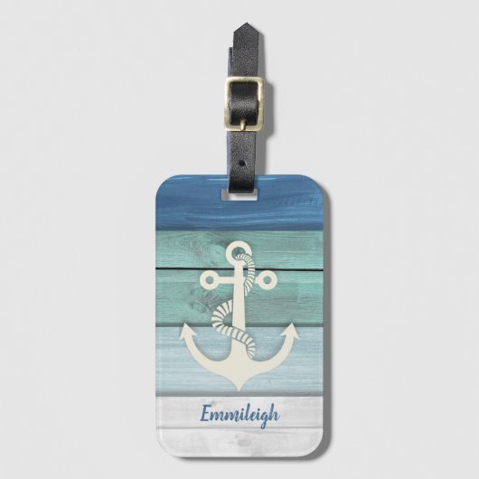 Nautical Blue Turquoise Distressed Wood Anchor Gepäckanhänger (Vorderseite Vertikal)