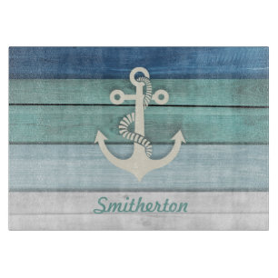 Nautical Blue Turquoise Distressed Wood Anchor Schneidebrett