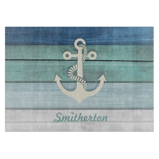 Nautical Blue Turquoise Distressed Wood Anchor Schneidebrett (Vorderseite)