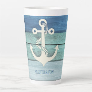 Nautical Blue Turquoise Wood Anchor Milchtasse