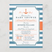 Nautical Blue und Orange Anchor Baby Dusche Einladungspostkarte (Vorderseite)