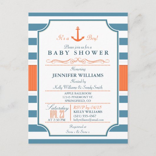 Nautical Blue und Orange Anchor Baby Dusche Einladungspostkarte (Vorderseite)