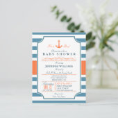 Nautical Blue und Orange Anchor Baby Dusche Einladungspostkarte (Stehend Vorderseite)