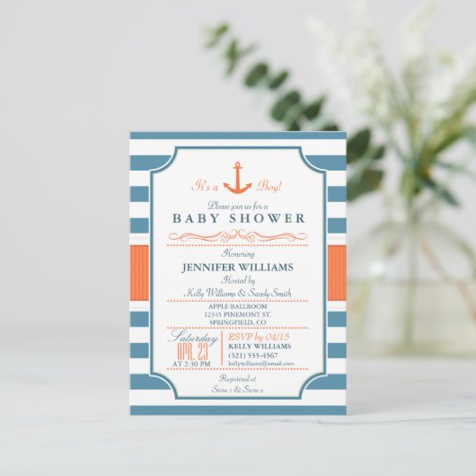 Nautical Blue und Orange Anchor Baby Dusche Einladungspostkarte (Stehend Vorderseite)