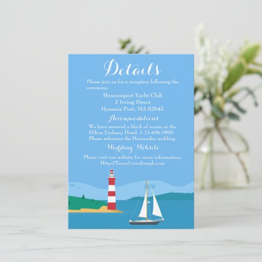 Nautical Blue Wedding Details Leuchtturm Sailboat Einladung (Stehend Vorderseite)