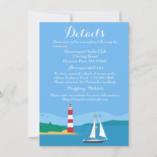 Nautical Blue Wedding Details Leuchtturm Sailboat Einladung (Vorderseite)