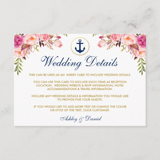 Nautical Blue Wedding Floral Details Beipackkarte Begleitkarte (Vorderseite)