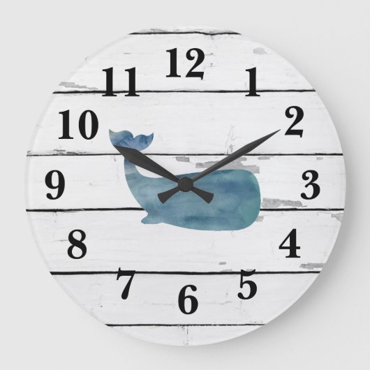 Nautical Blue Whale Shiplap Rustic Decor Große Wanduhr (Vorderseite)