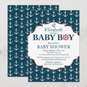 Nautical Blue & White Anchors Boys Baby Dusche Einladung (Vorne/Hinten)