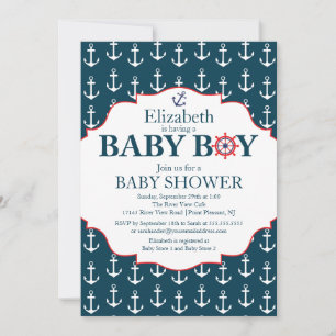 Nautical Blue & White Anchors Boys Baby Dusche Einladung