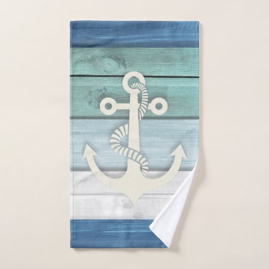 Nautical Blue White Distressed Wood Anchor Beach Badhandtuch Set (Handtuch)