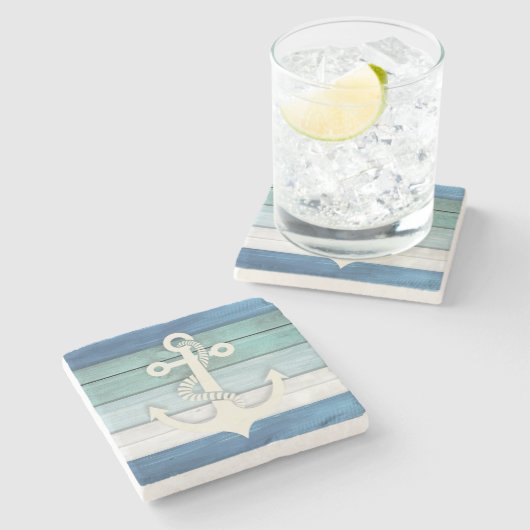 Nautical Blue White Distressed Wood Anchor Steinuntersetzer (Seitenansicht)