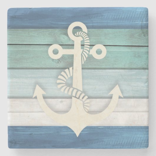 Nautical Blue White Distressed Wood Anchor Steinuntersetzer (Vorderseite)