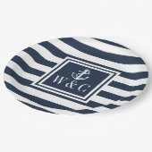 Nautical Boat Anchor Monogram Navy Blue Strip Pappteller (Schrägansicht)