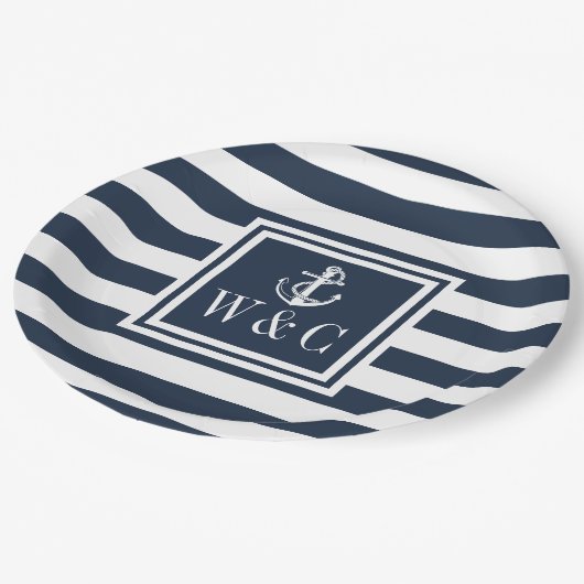 Nautical Boat Anchor Monogram Navy Blue Strip Pappteller (Schrägansicht)