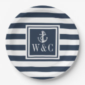 Nautical Boat Anchor Monogram Navy Blue Strip Pappteller (Vorderseite)