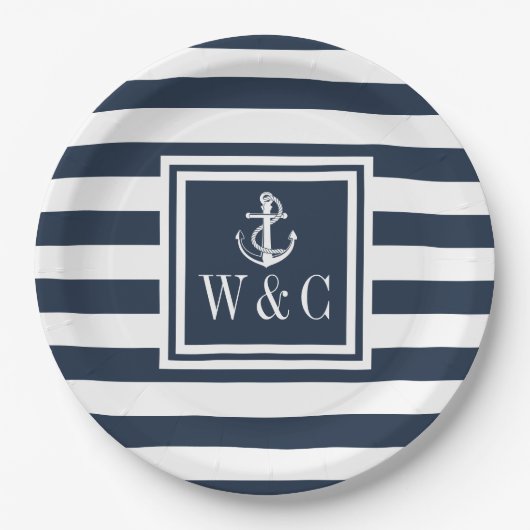 Nautical Boat Anchor Monogram Navy Blue Strip Pappteller (Vorderseite)