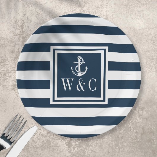 Nautical Boat Anchor Monogram Navy Blue Strip Pappteller