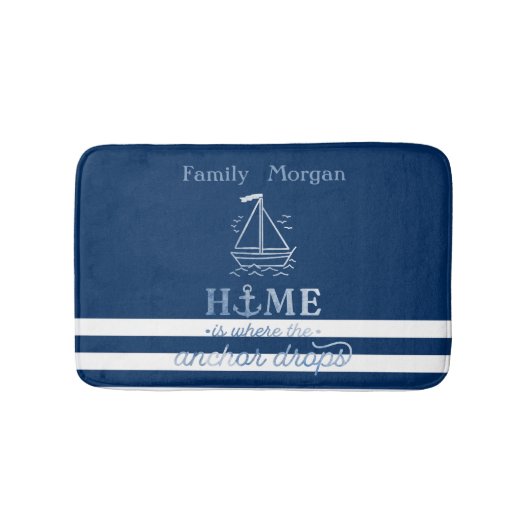 Nautical Boat Anchor Navy Blau Streifen Badematte (Vorderseite)