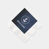 Nautical Boat Name Anchor Rope Blue Wood Cocktail Serviette (Ecke)
