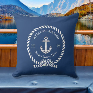Nautical Boat Name Anchor Rope Navy Blue Welcome  Kissen