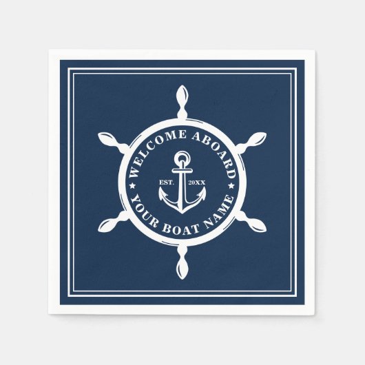 Nautical Boat Name Anchor Wheel Navy Blue Serviette (Vorderseite)